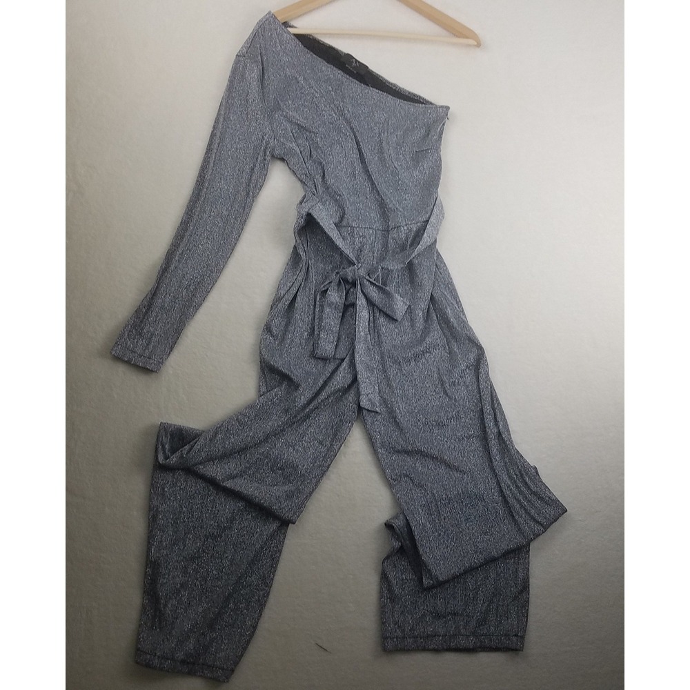 AX Paris Women's 12 One Shoulder Silver sparkle Jumpsuit Wide Leg Silver knit